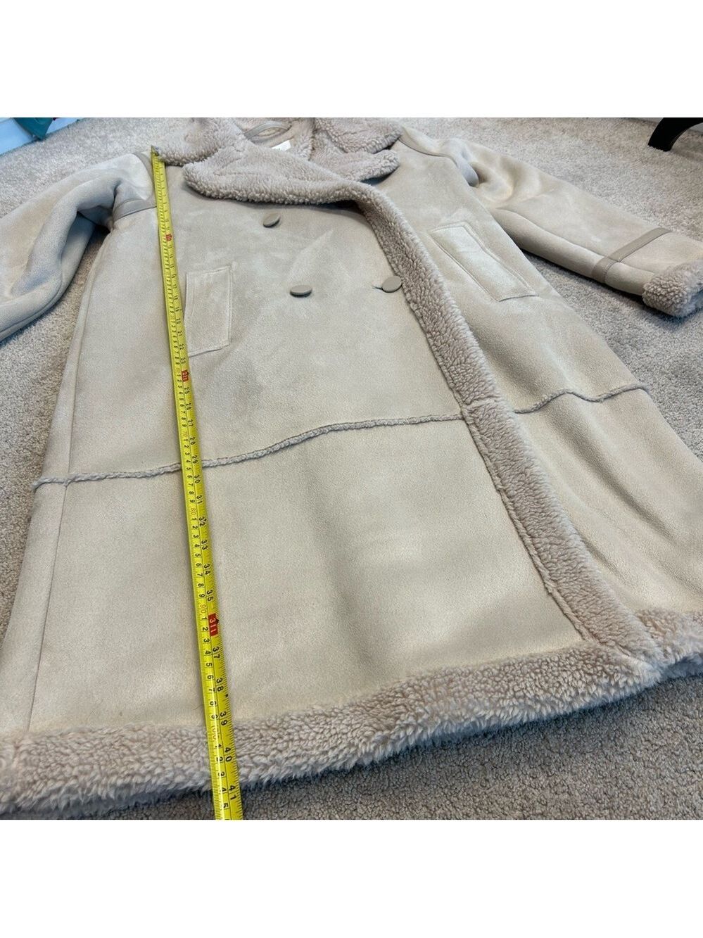 American Eagle double-breasted Vegan faux shearling coat light beige cream Sz L - Picture 8 of 14